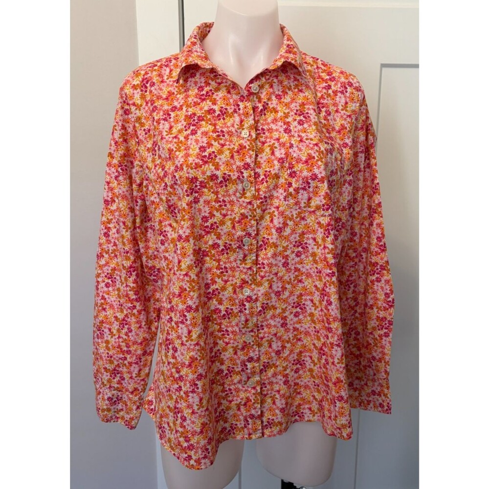 J Crew Womens Button TOP Long Sleeve Pink Orange Floral Size L